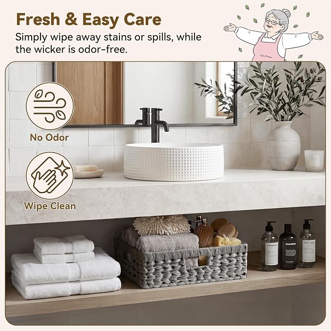 GRANNY SAYS Wicker Storage Basket for Shelves,Waterproof Gray Basket,1-Pack | Handwoven Wicker Baskets for Organizing, Plastic Rectangle Basket, Woven Basket for Storage, Pantry Basket, Decorative Basket