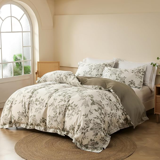 OAITE King Duvet Cover Set 3pcs 100% Cotton 600 Thread Count with Floral | Luxury Soft, Breathable,Long Staple Cotton,Dual Zipper,8 Corner Ties,Easy Care for All Season
