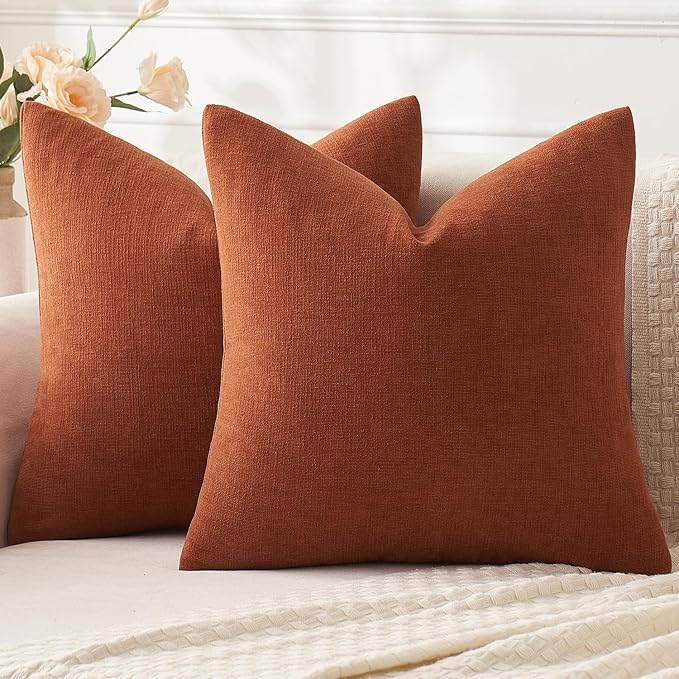 MIULEE Fall Rust Terracotta Chenille Couch Throw Pillow Covers, 18x18 | Set of 2, Soft Farmhouse Modern Home Decor, Decorative Pillowcases for Sofa Living Room Bed