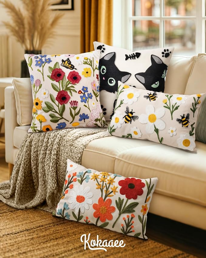 Embroidered Throw Pillow Cover 20x20 Inch, Retro Flower | Decorative Pillow Cover, Vintage Boho Cushion Case with Hidden Zipper, Floral Decor for Couch, Sofa, Living Room, Bedroom