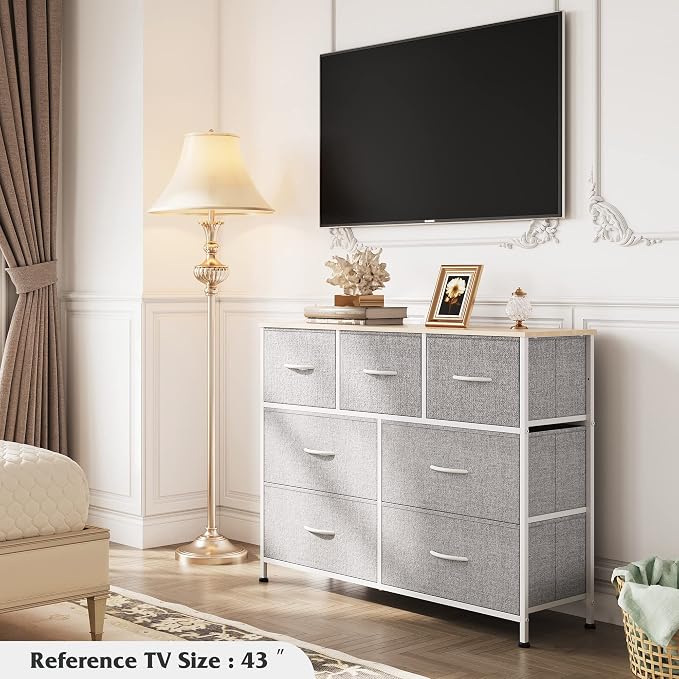 WLIVE Dresser for Bedroom, 7 Drawers, TV Stand, Light Grey | 7 roomy fabric drawers, Fits TVs up to 45 inch, Bedroom or living room, Wide storage design, Chest of drawers