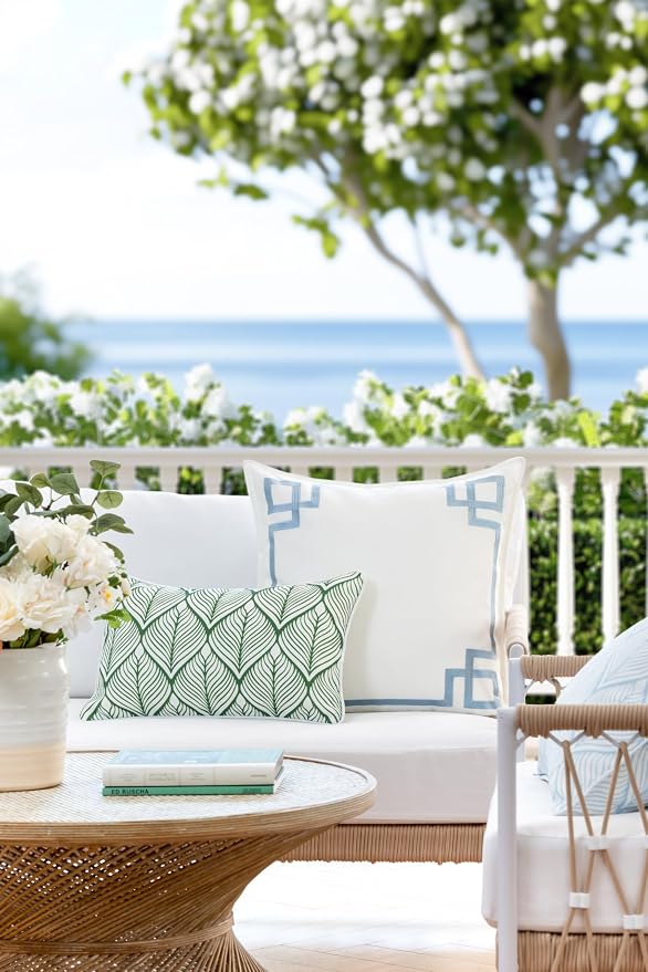 Hofdeco Premium Coastal Patio Indoor Outdoor Lumbar Pillow Cover Only, 12"x20" Water Repellent for Backyard, Couch, Green Print Geometric Leafs