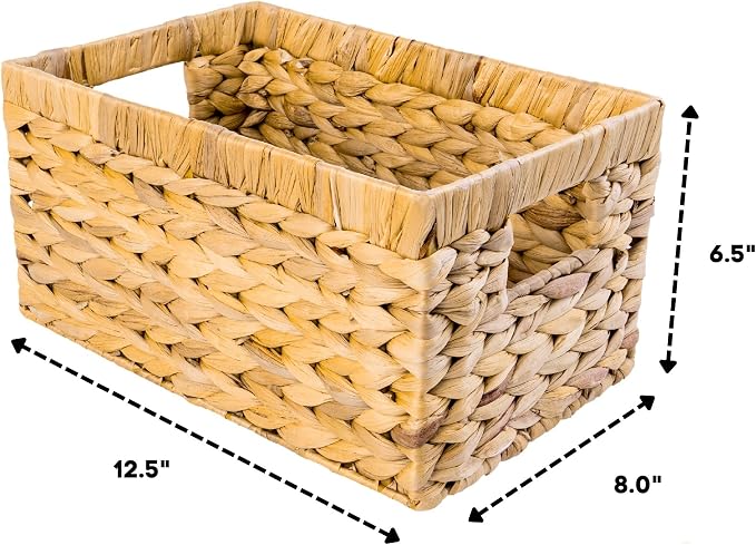 M4DECOR Set of 6 Rectangular Wicker Storage Baskets for Shelves | Water Hyacinth Storage Baskets, Pantry Baskets for Organizing, Handwoven