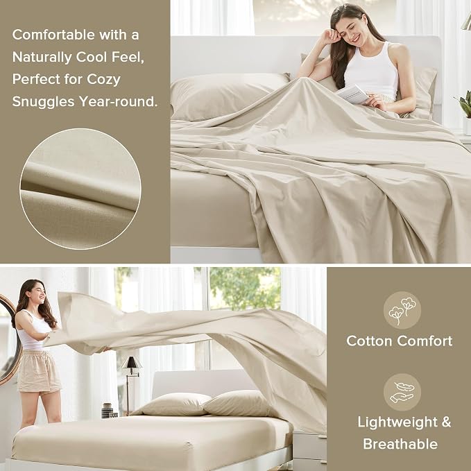 Comfort Spaces 100% Cotton Percale Sheets Queen Sheet Set 4 Pcs, Cream | Crisp, Cool & Breathable Bed Sheets, 14" Deep Pocket Fits Up to 16" Mattress, Lightweight, All Season Cozy, with Pillow Case