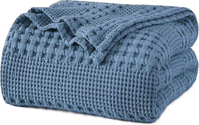 PHF Lightweight 100% Cotton Waffle Blanket for Bed, Twin XL, Denim Blue | Pre-Washed Soft Cotton Comfort, Breathable Layering Warmth for Fall & Winter, Couch & Guest Room, Couch, Home Decor & Gifts