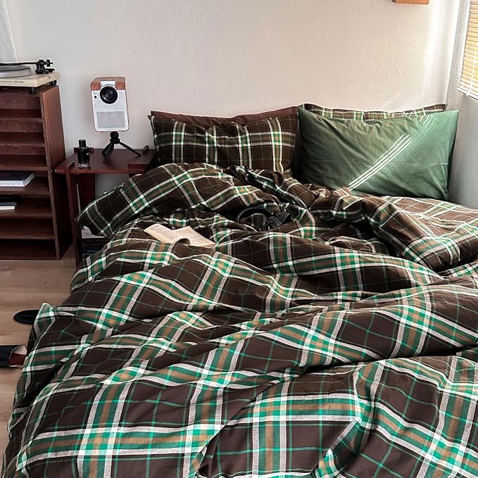 LifeTB Brown Green Plaid Comforter Set Full Size, 3 Pieces Vintage Checkered Pattern Comforter Buffalo Plaid Gingham Comforter Set with 2 Pillowcases, Soft Farmhouse Grid Bedding Set for All Seasons