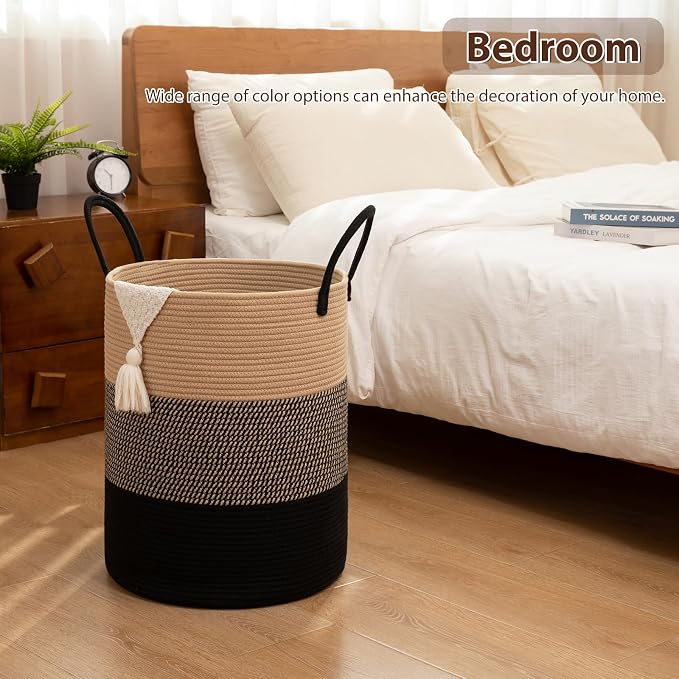 OIAHOMY 100L Nursery Hamper Laundry Basket Laundry Hamper Yellow/Black | collapsible Blanket Basket Cotton Rope Woven Basket Dirty Clothes Hamper Baby Hamper Tall Clothes Hamper with Handles