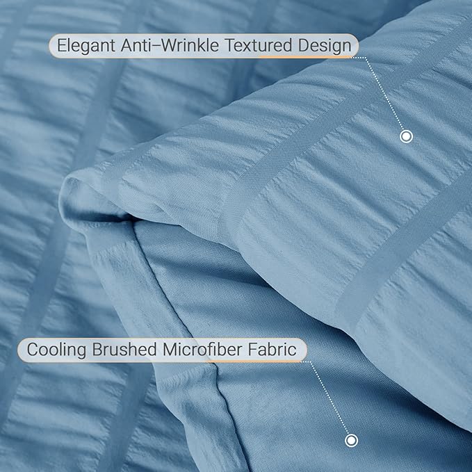 5 Pieces Twin Comforter Set, Seersucker Bed in a Bag Twin Size, All Season Luxury Bedding Set with Comforter, Flat Sheet, Fitted Sheet, Pillowcase & Sham, Mineral Blue