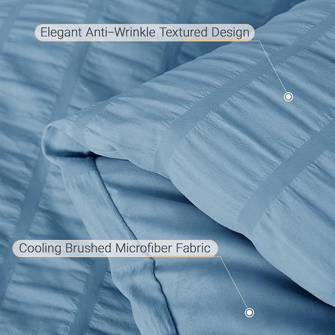 5 Pieces Twin XL Comforter Set, Seersucker Bed in a Bag Twin XL Size, All Season Luxury Bedding Set with Comforter, Flat Sheet, Fitted Sheet, Pillowcase & Sham, Mineral Blue