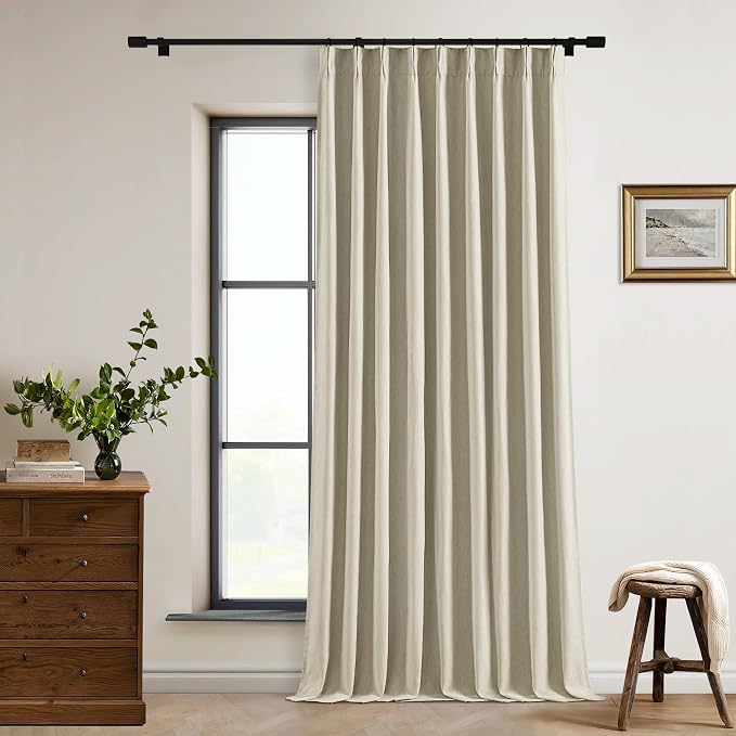 Burlywood Birch Pleated Blackout Linen 108 Inch Long Curtains 60 Inch Wide | 100% Black Out, Memory Trained, Pinch Pleat with Back Tab, Energy Efficient, Thermal Insulated Neutral Drape W60xL108 1 Panel