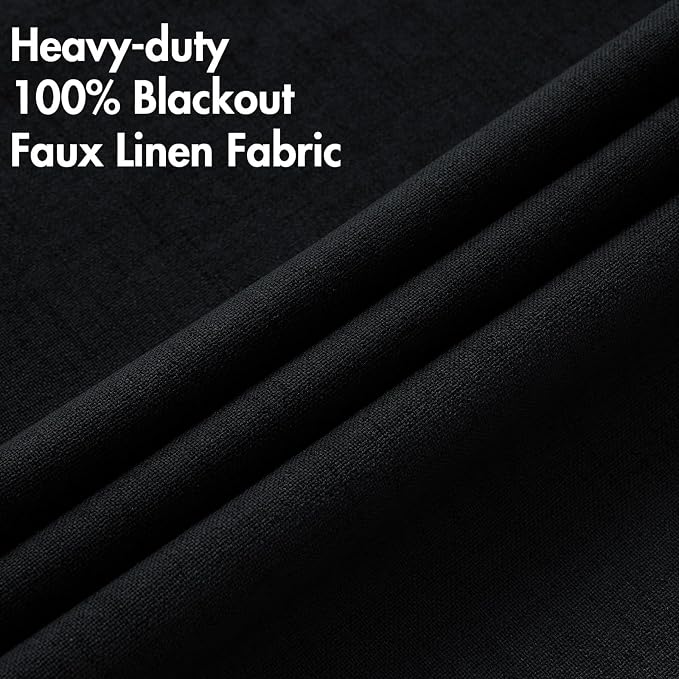 MIULEE 100% Blackout Linen Curtains for Bedroom 52x72 Inches Black | Room Darkening, Light Blocking, Thermal Insulated, Grommet Top, Linen Textured, Window Curtains for Living Room, 2 Panels