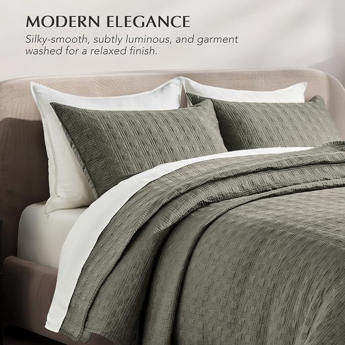 EVERGRACEHOME Cotton Sateen Windowpane Quilt Set Queen Size, Stone Sage | 100% Cotton, Pre-Washed Soft Coverlet Bedspread, 3-Piece Lightweight Bedding Set for All Season, with 2 Pillow Shams