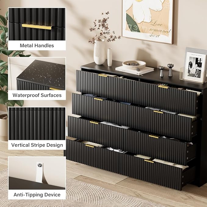 Furniway Black Dresser for Bedroom, Modern Dresser with 8 Drawers and Smooth Slides, Wide Chest of Drawers with Golden Handles for Bedroom, Closet, 15.7" D x 55" W x 37.4" H