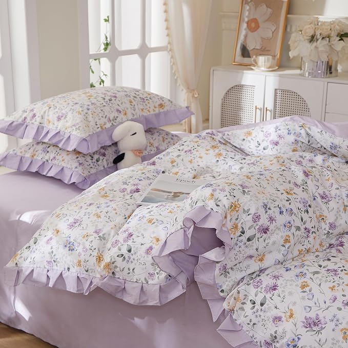mixinni Floral Duvet Cover Set Full Size, 100% Cotton 3-Piece Bedding Set with Ruffled Lace, Reversible Lavender Wildflower Ruffle Design, Soft Aesthetic Cottagecore Duvet Cover with Zipper Closure