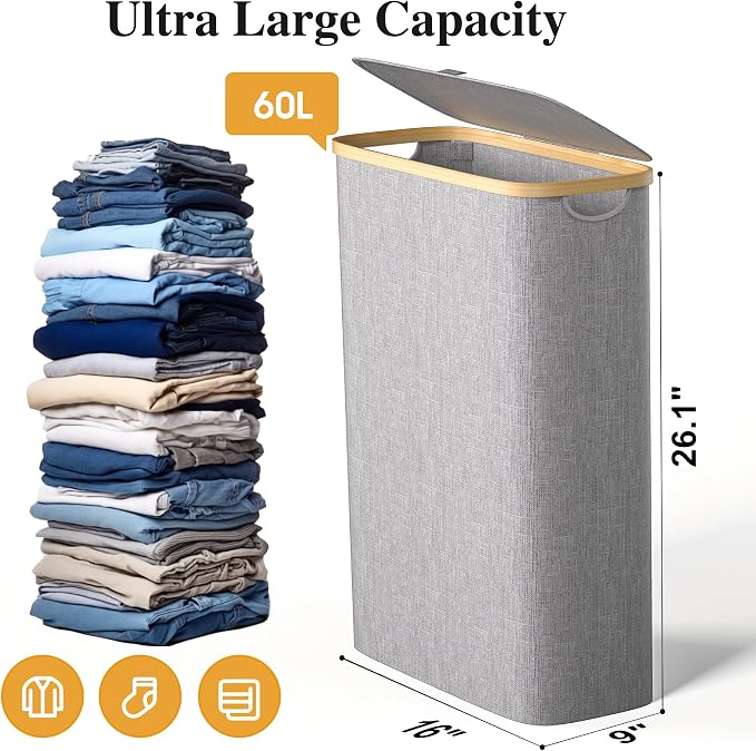 Foluck Slim Laundry Hamper, 60L Waterproof Narrow Laundry Basket with Lid and Removable Bag, Collapsible Tall Clothes Hamper with Bamboo Handles for Clothes Toys in Dorm Bedroom Bathroom, Grey