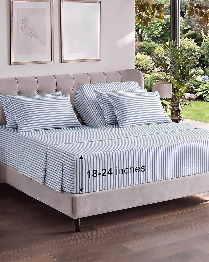 Extra Deep Flex Top Split Head King Sheet Set - 6 Piece Breathable and Cooling Sheets - Hotel Luxury Bedding for Women, Men, Kids & Teens - Easy Secure Fit - Extra Deep Pockets - Blue Stripes 2