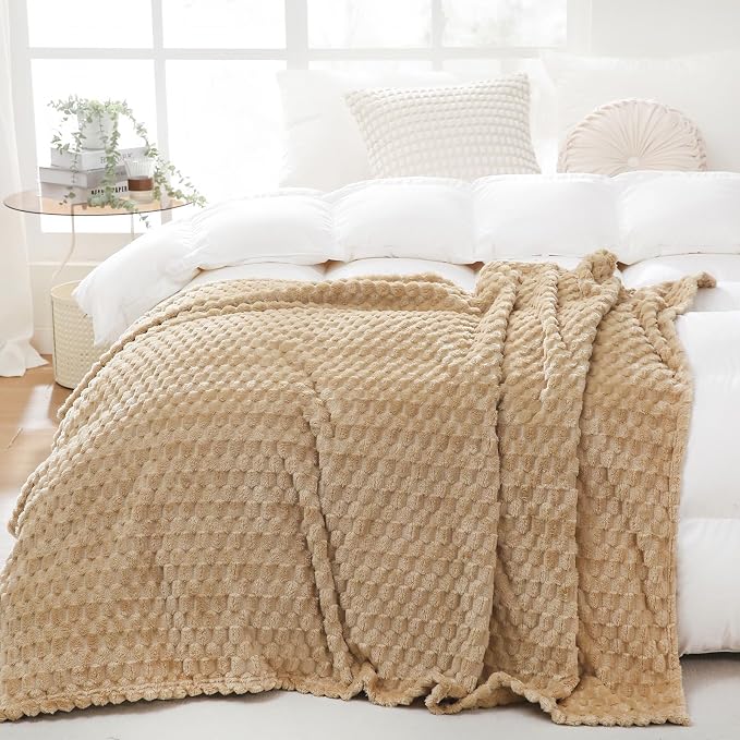 Puncuntex Beige Throw Blanket 108"×90" inches Fuzzy 3D Jacquard Decorative | Flannel Fleece Super Soft Plush Cozy Blanket for Couch Sofa Chair Lightweight