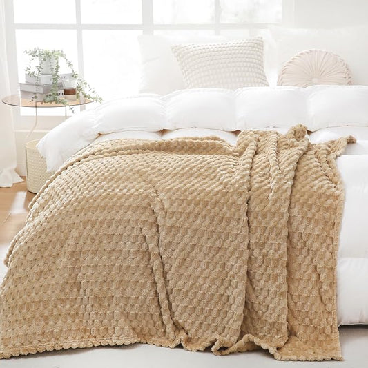Puncuntex Beige Throw Blanket 108"×90" inches Fuzzy 3D Jacquard Decorative | Flannel Fleece Super Soft Plush Cozy Blanket for Couch Sofa Chair Lightweight