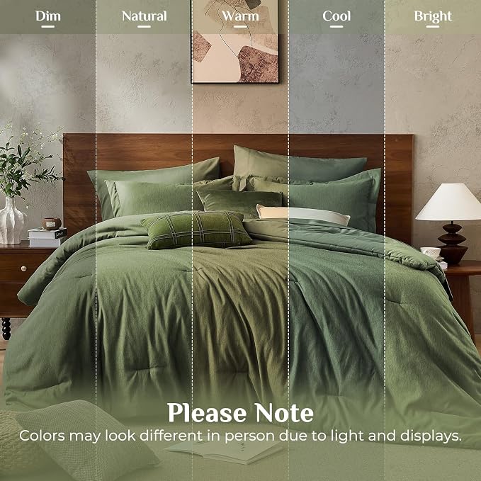 JOLLYVOGUE King Comforter Set 7 Pieces Dark Green, Cationic Dyeing Bed in a Bag King, Double-Tone Bedding Set with Down Alternative Comforter, Sheets, Pillowcases & Shams