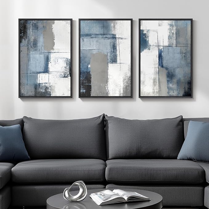 Framed Blue and Gray Abstract Modern Wall Art, 3 Piece Set, 16x24 In | Minimalist color block pictures, Canvas prints, Wood frame, Artwork for walls, Wall decor for living room dining room bedroom