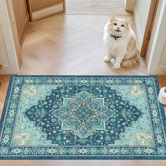AMADA HOMEFURNISHING 2x3 Washable Entry Rug, Vintage Distress Print Pattern Carpet Small Rugs for Entryway Kitchen Bathroom Door Mat Indoor Entrance, Teal Blue