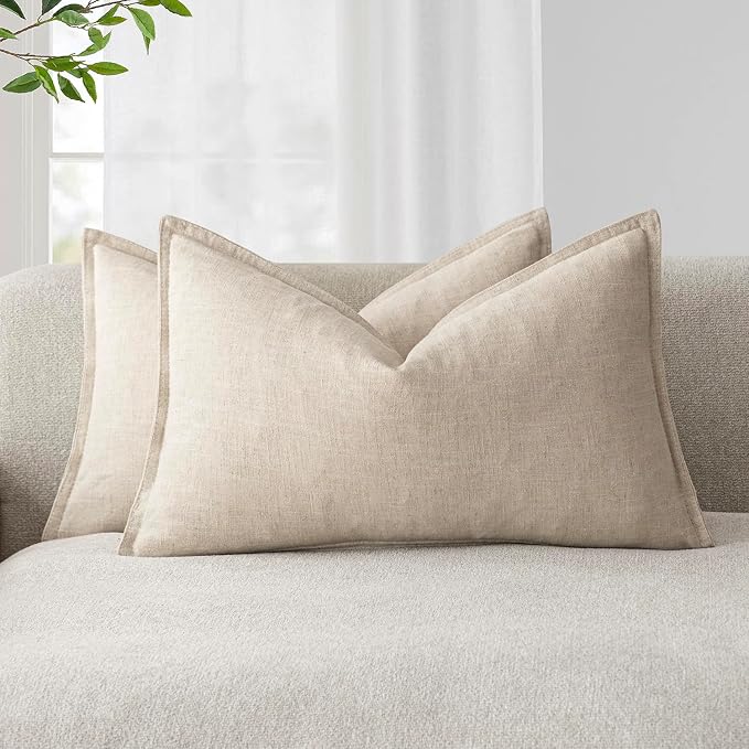 Foindtower Decorative Linen Lumbar Throw Pillow Covers 12x20 Natural Beige | Pack of 2 Boho Farmhouse Pillowcase,Accent Neutral Solid Cushion Covers,Morden Home Decor for Couch Sofa Bedroom Living Room