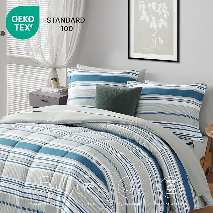 Monbix King Size Comforter Set, 7 Pieces Soft Bed in a Bag King Bedding Set | All Season Royal Blue Striped Reversible Comforter with Sheets, Pillowcases & Shams
