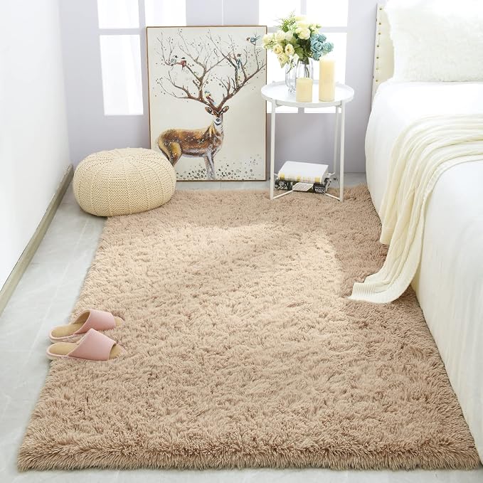 Modern Soft Fluffy Large Shaggy Rug for Bedroom Livingroom Dorm Kids Room Indoor Home Decorative, Non-Slip Plush Furry Fur Area Rugs Comfy Nursery Accent Floor Carpet 4'x6' Light Tan