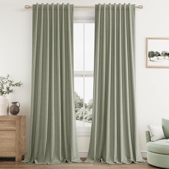 Sage Green 100% Blackout Linen Curtains 94 Inch Length 2 Panels Set for Living Room Bedroom Back Tab Thermal Insulated Black Out Drapes Room Darkening Window Curtains 94 Inches Long
