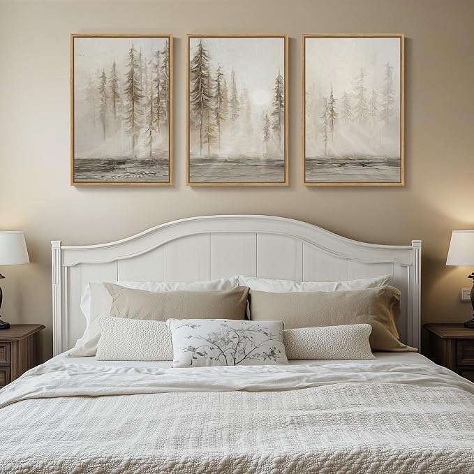 Large Framed Abstract Forest Landscape Wall Art for Living Room, 24x36 Inch | 3 piece, Modern, Canvas artwork, Pine tree forest picture, Farmhouse wall decor, Home office art, Ready to hang, Wood frame