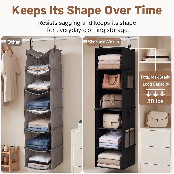 StorageWorks Hanging Closet Organizer, 6-Shelf with 2-in-1 Design, Ivory | Maximize Closet Space with Reinforced Shelves, Small Closet Storage Solution for Bedrooms, Dorms and RVs