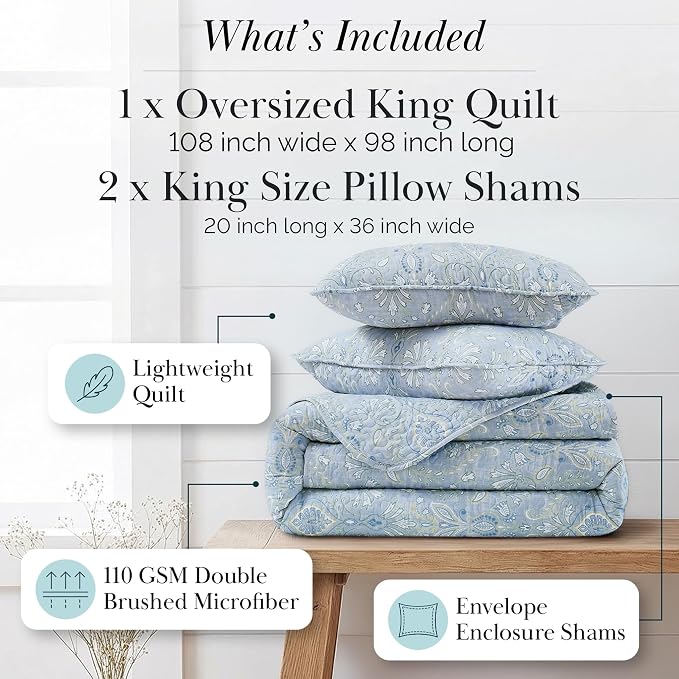 Southshore Fine Living, Inc. Boho Quilt Set, Lightweight Bedspread for Summer, Coverlet King Size, Paisley Bedding Set with Two Matching Pillow Shams, California King Quilts, Blue Paisley Quilt