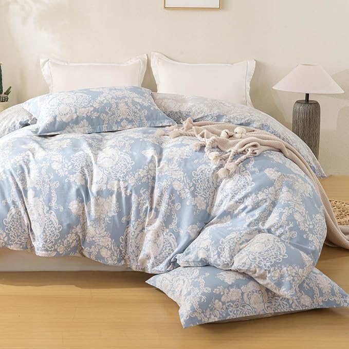OAITE King Duvet Cover Set 3pcs 100% Cotton with Blue Damask Vintage Floral | Soft, Breathable,Long-lasting,Comfort,Dual Zipper,8 Corner Ties,Easy Care for All Season