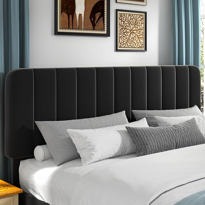 VECELO King Size Bed Frame with Upholstered Headboard, Velvet Platform Bedframe Mattress Foundation, Strong Wood Slat Support, No Box Spring Needed,Black