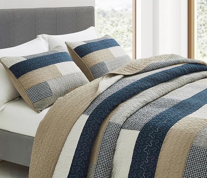 Chezmoi Collection Dylan 3-Piece Navy Blue White Gray Taupe Plaid Rectangular Patchwork Quilt Set - Pre-Washed Cotton Quilted Coverlet - Lightweight Bedspread for All Seasons, King Size