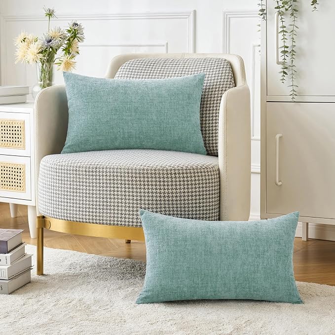 MIULEE Soft Chenille Lumbar Throw Pillow Covers Aqua Green 12x20 Pack of 2 | Modern Home Decor, Classic Decorative Pillows, Solid Dyed Cases, Boho Couch Cushion Covers for Sofa Bed Living Room