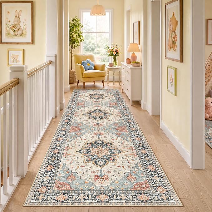 RELEANY Washable Area Rug, Runner 3'x10', Beige/Blue/Orange | Non-Slip, Water Repellent, Pet Friendly, Easy to Clean, Vintage Floral Boho Decor for Kitchen Hallway Laundry Living Room