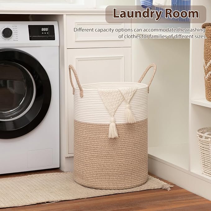 OIAHOMY 100L Nursery Hamper Laundry Basket Laundry Hamper Brown/White | collapsible Blanket Basket Cotton Rope Woven Basket Dirty Clothes Hamper Baby Hamper Tall Clothes Hamper with Handles