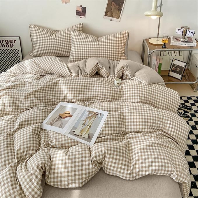 Nayoroom Gingham Duvet Cover Set Full Brown Tan Plaid Checkered Bedding | Reversible Farmhouse Dorm Bedding, Soft Breathable Washed Microfiber, All-Season Comfort, Hidden Zipper, 4 Corner Ties