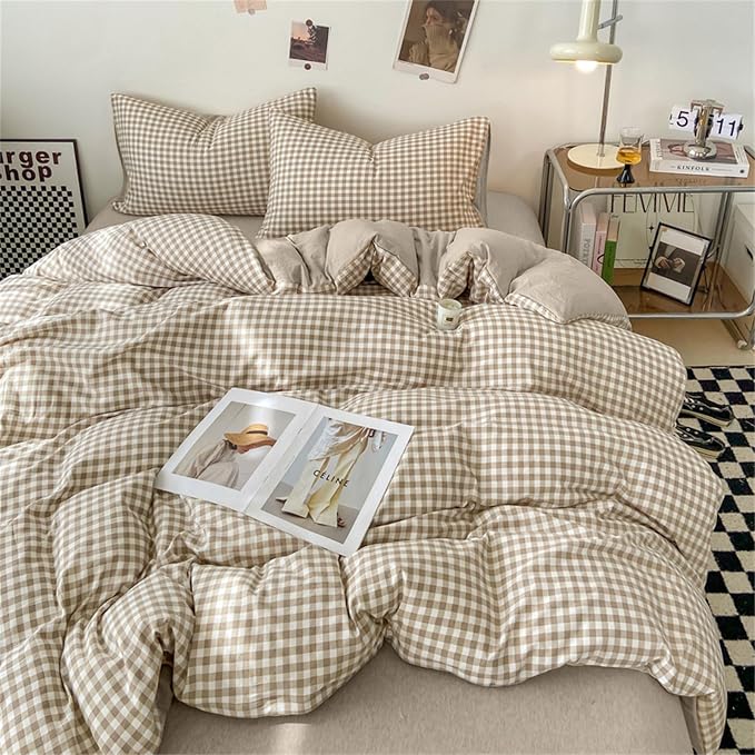 Nayoroom Gingham Duvet Cover Set King Brown Tan Plaid Checkered Bedding | Reversible Farmhouse Dorm Bedding, Soft Breathable Washed Microfiber, All-Season Comfort, Hidden Zipper, 4 Corner Ties