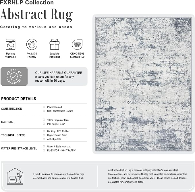 9x12 Area Rug Living Room: Modern Washable Soft Carpet Blue Grey | For Bedroom Dining Room Farmhouse Nursery Hallway Office,Modern Abstract,Machine washable,Non-Slip,Stain Resistant,Indoor