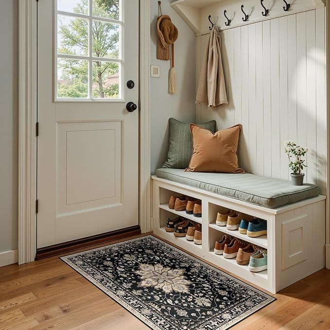 RELEANY Washable Area Rug, Small 2'x4', Black/Neutral | Non-Slip, Water Repellent, Pet Friendly, Easy to Clean, Vintage Floral Boho Decor for Kitchen Entryway Bathroom