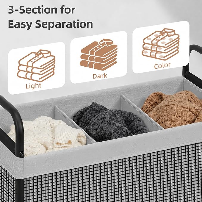 STORAGE MANIAC Rolling Laundry Hamper with Wheels 3-Section Laundry Sorter Rolling Laundrys Basket on Wheels with Removable Bag Clothes Hamper Laundrys Organizer Cart Bathroom Bedroom 120L Grey