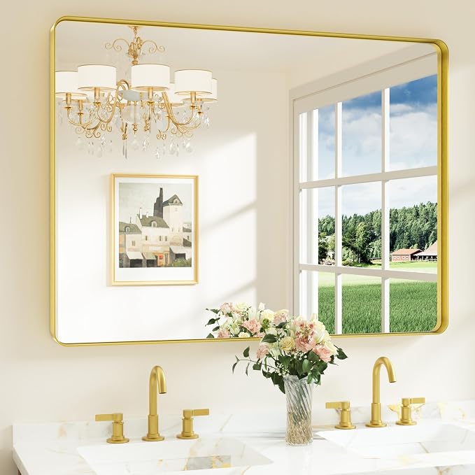 Keonjinn 48 x 36 Inch Brushed Gold Bathroom Vanity Mirror, Tempered Glass | Brass Bathroom Mirrors for over Sink, Anti-Rust Aluminum Frame, Rounded Rectangle, French Cleat Mount, Clear Reflection