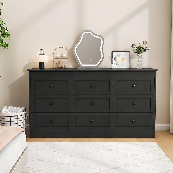 wanan Black 9 Drawer Dresser for Bedroom, Modern 59'' Wide Wood Chest of Drawers, Dresser TV Stand, Storage Organizer with Metal Handles for Living Room, Hallway, Entryway