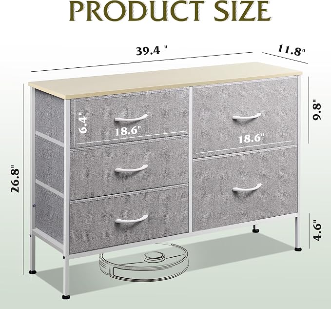 WLIVE 5 Drawer Fabric Dresser for Bedroom, Wide Storage Chest, Light Grey | 5-drawer wide fabric dresser with steel frame, multipurpose bedroom living room hallway dorm closet storage organizer