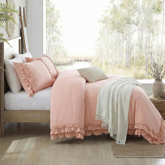 Pink Ruffled Duvet Cover Girls Coquette Bedding Set Cute Lace Fringe Ruffle Bedding Shabby Chic Farmhouse Style Super Soft Cozy Elegant Cover Cover Set Twin Size