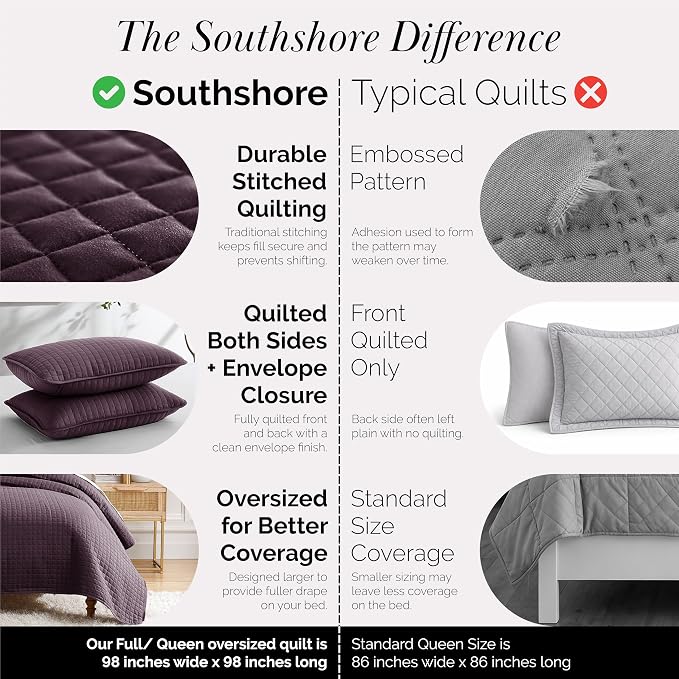 Southshore Fine Living, Inc. Quilts, Queen Size/Full Size Quilt Bedding Set, Stain & Pet Hair Resistant Bedding, Coverlet Queen Size/Full Size Lightweight Bedspread with 2 Pillow Shams, Purple