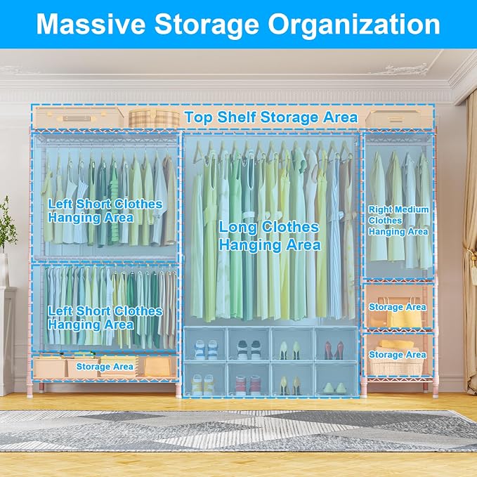 E10 Clothes Rack（With Stretchable Hanger Rod）Freestanding Clothing Racks for Hanging Clothes，Adjustable Closet Organizer System，Portable Garment Rack 73-97"W x 15" D x 72" H，Max Load 800LBS，Pink