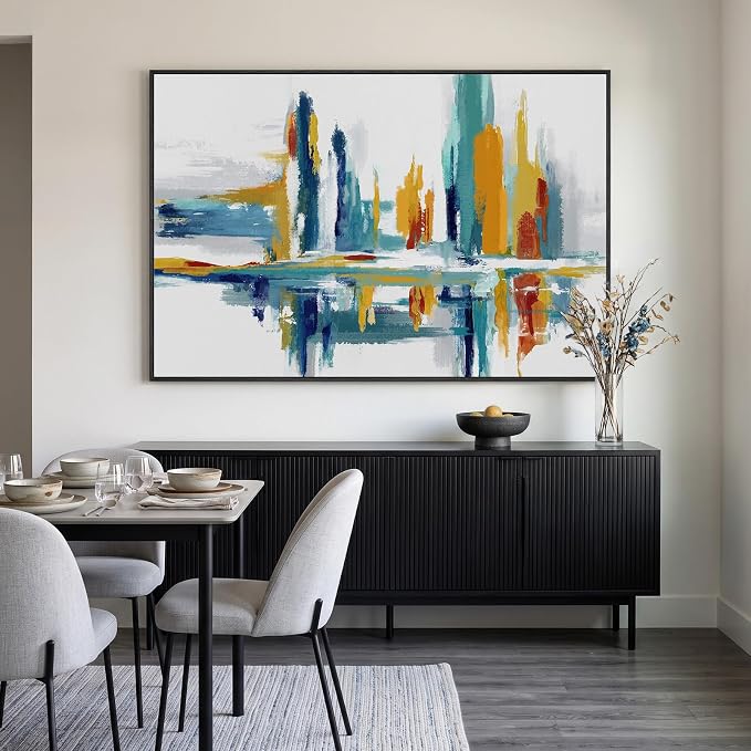 Extra Large Framed Colorful Abstract Wall Art for Living Room, 60x40 In | Bright multicolor picture, Horizontal canvas prints, Wood frame, Modern paintings artwork, Wall decor for bedroom dining room